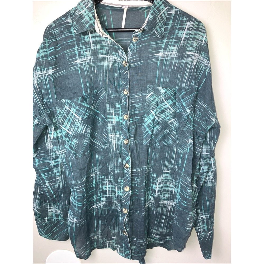 Free People Shore Vibes Green Printed Long Sleeve Button-Down Shirt Size Large